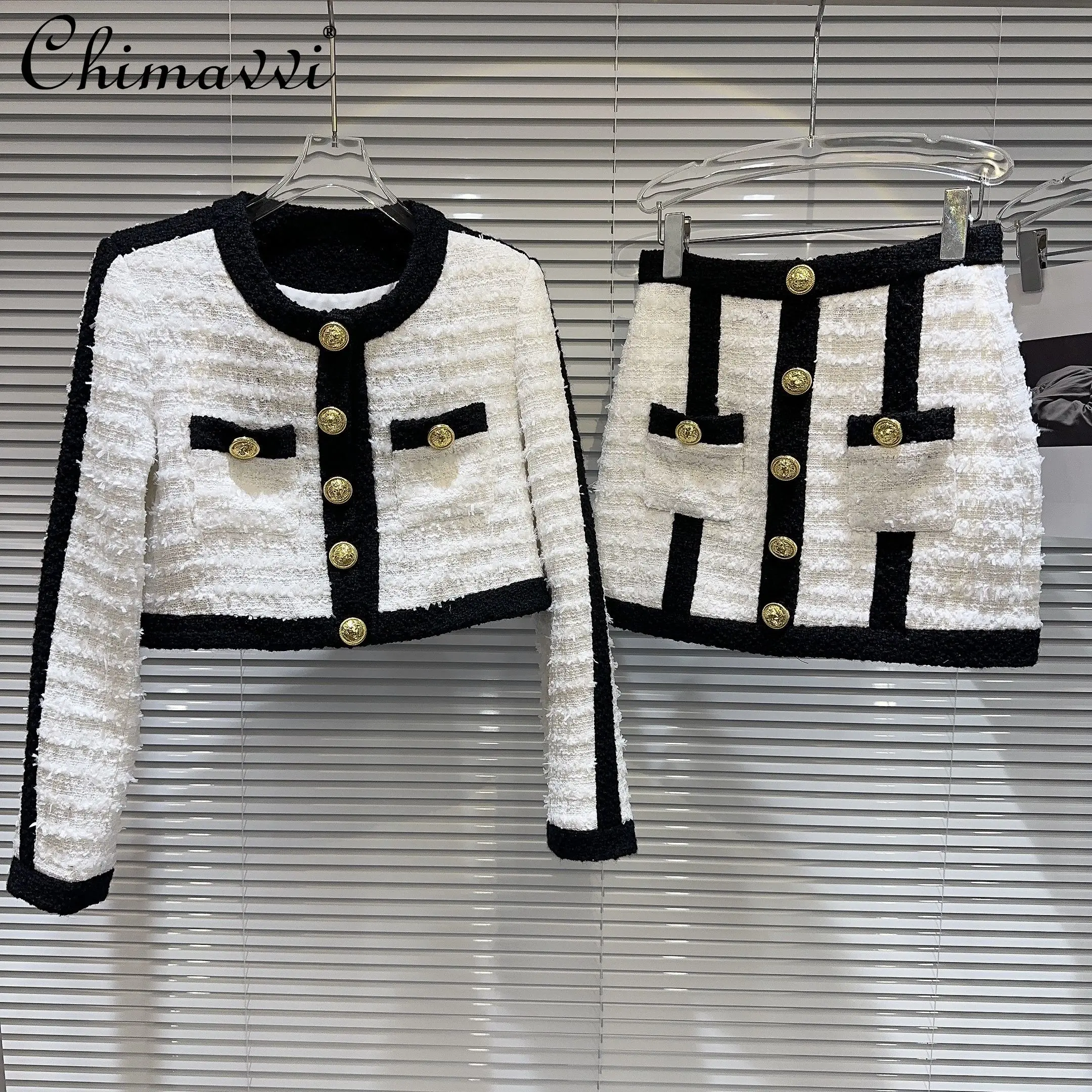 

Женская одежда, Осеннее черно-белое твидовое короткое пальто контрастных цветов с длинным рукавом и короткая юбка, элегантный деловой комплект из двух предметов