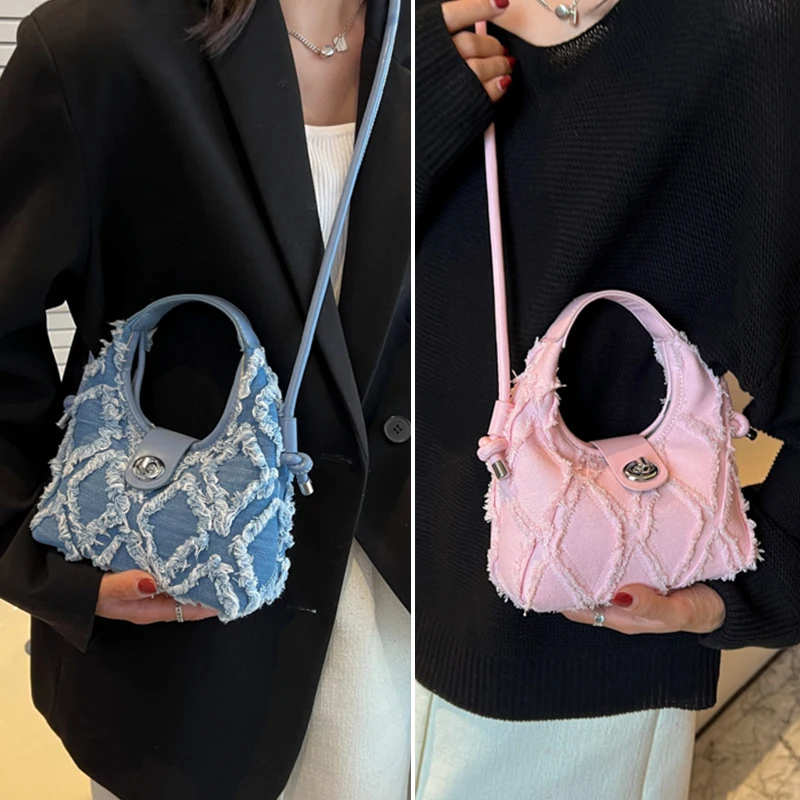 

Rhombic Lattice Canvas Armpit Bag Temperament Handbag Tote Bag Denim Color Shoulder Crossbody Bag One Shoulder Bag Sanding