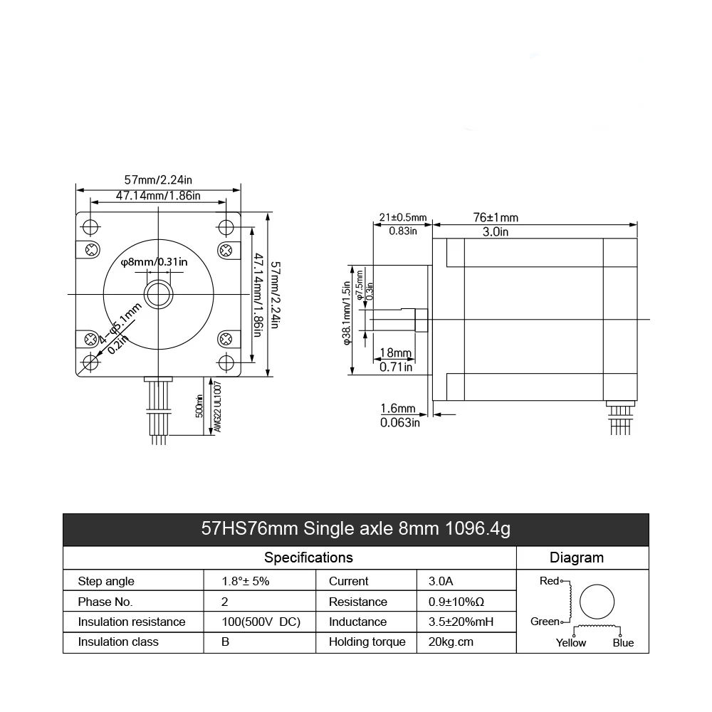 Двухфазный шаговый двигатель MHCN NEMA23 57 2 Н · м 270 оцин 3 А 76 мм 8 вал 57HS76 с 4