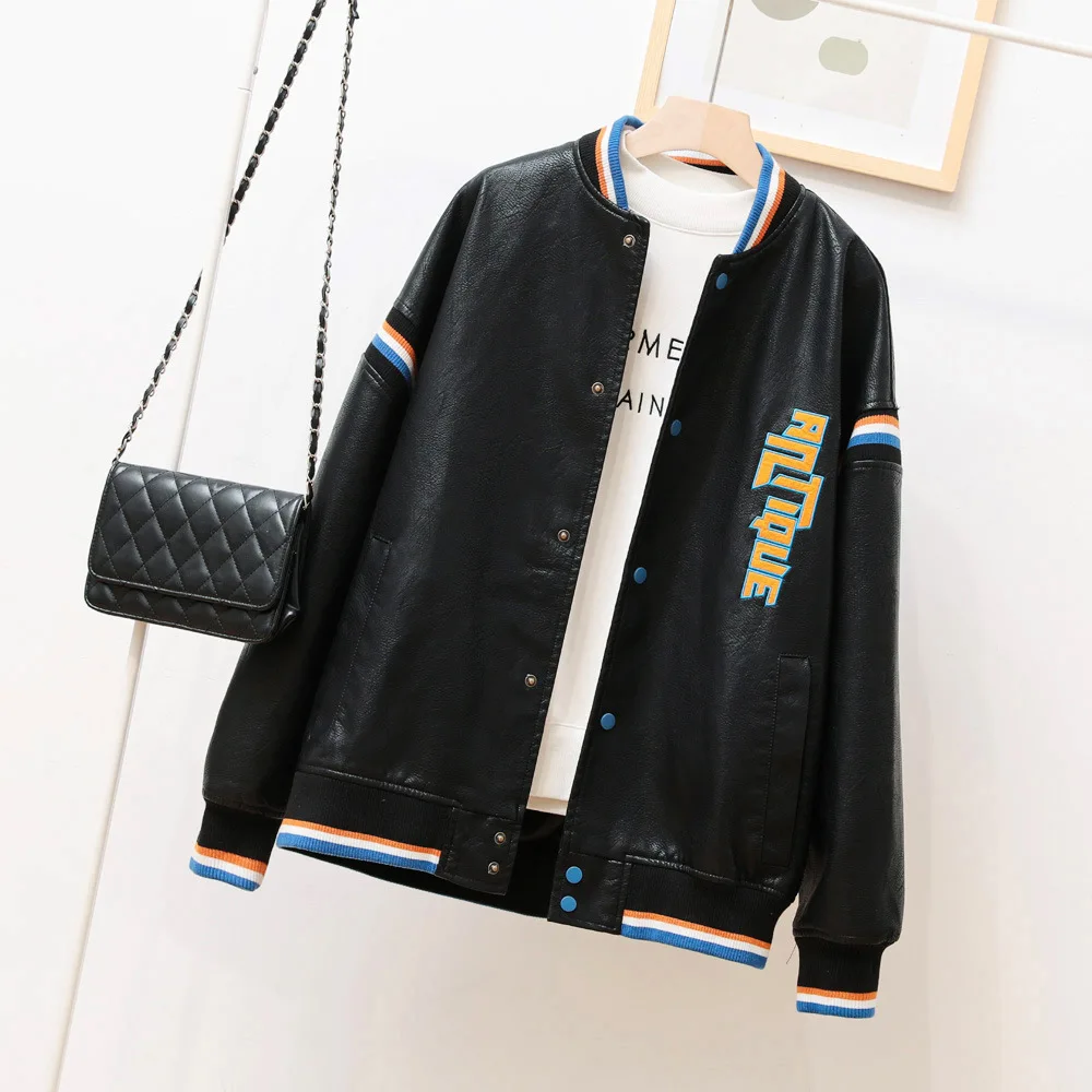 2023 autumn clothes new handsome loose version type couple's leather clothes women's baseball leather jacket tide coat