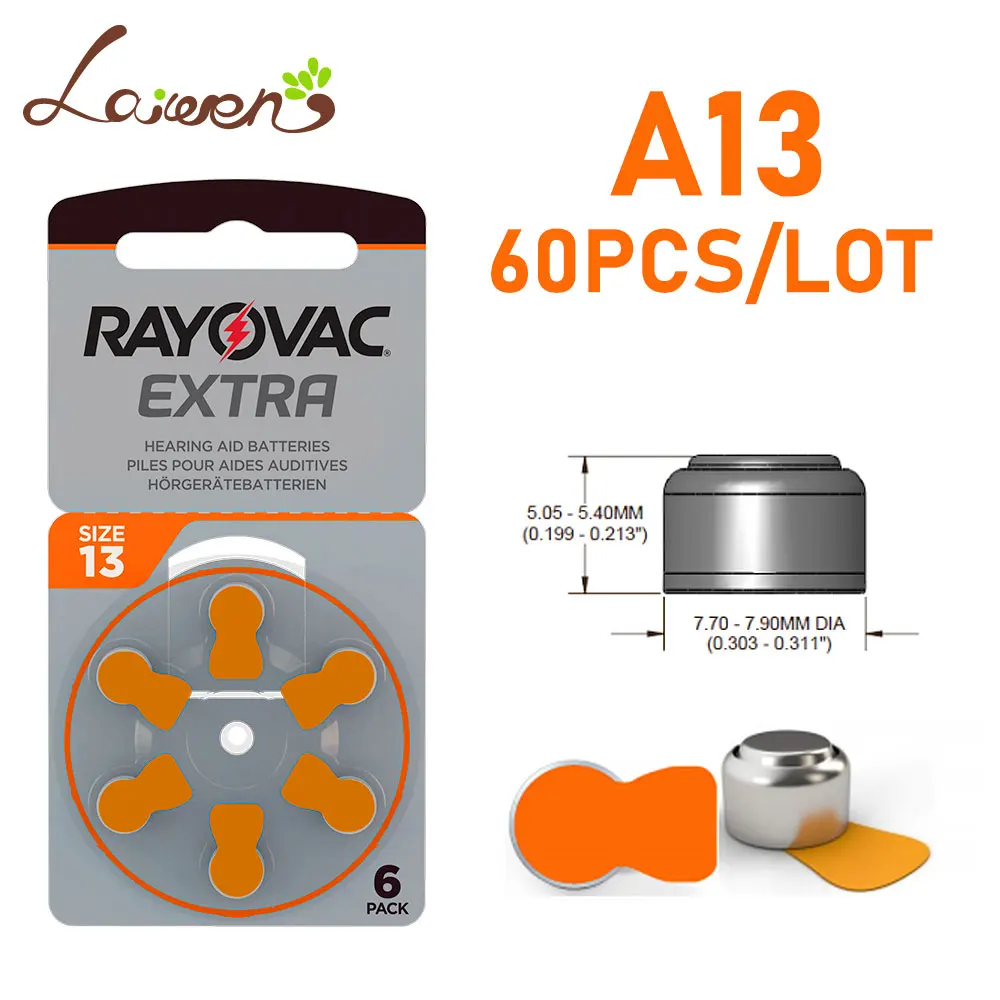 

Hearing Aid Battery 60PCS RAYOVAC EXTRA Zinc Air Batteries 1.45V.13A A13 13A 13 P13 PR48 Battery For BTE CIC RIC OE Hearing Aids