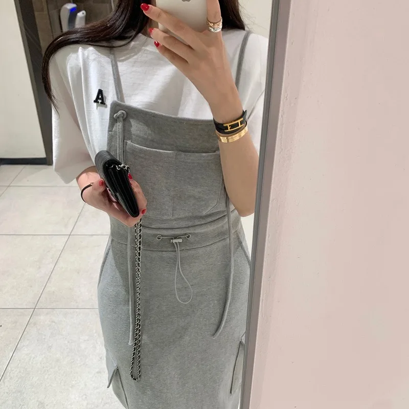 

Streetwear Split Design Pockets Long Strap Dresses Spring Summer Hot Korean Fashion Ladies Casual Maxi Dress Cheap Wholesale