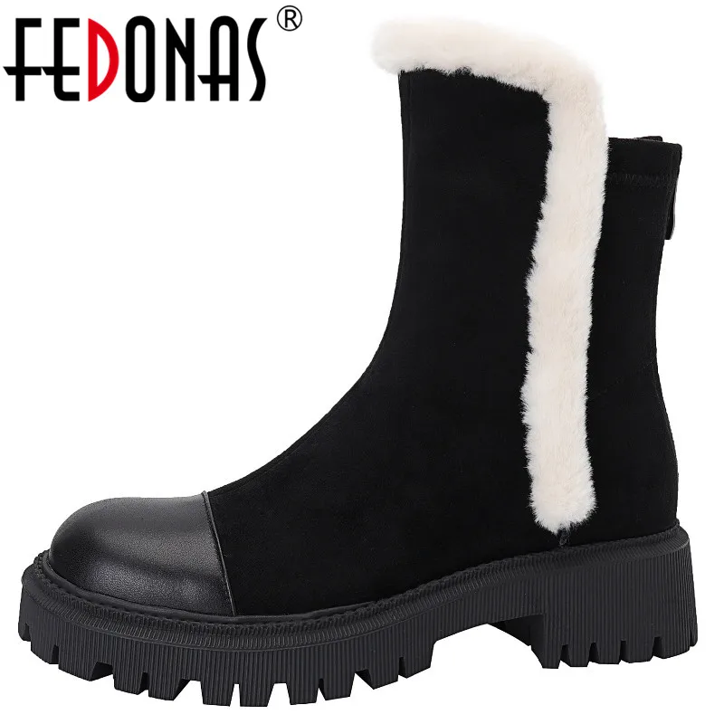 

FEDONAS 2023 Winter Women Ankle Boots Outdoor Leisure Office Ladies Genuine Leather Thick Heels Splicing Platforms Shoes Woman