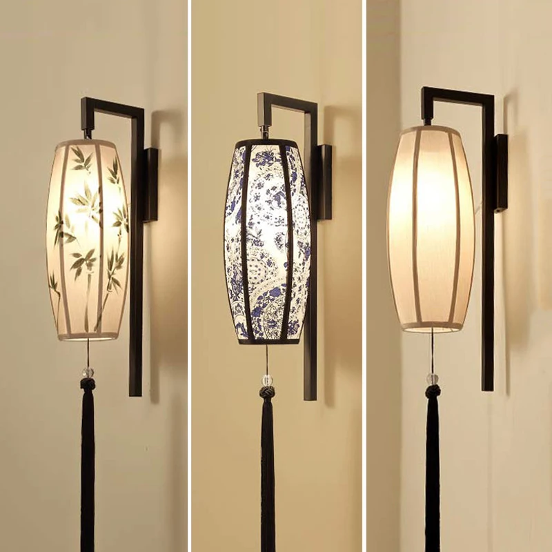 

Vintage Fabric Wall Lamp New Chinese Restaurant Light Living Room Bedroom Bedside Office Corridor Aisle Study Lighting Lamps