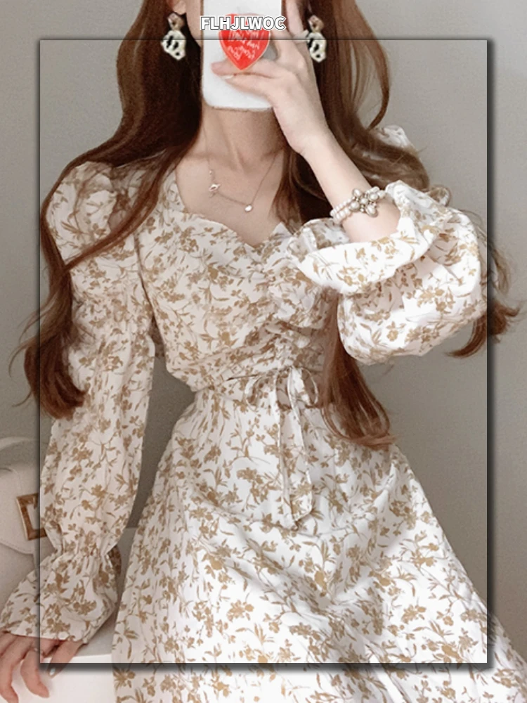 

Chic Korean Fashion 2022 Women Temperament Office Lady Elegant Floral Drapped Retro Vintage Flower Long Dress Fenimine Vestidos