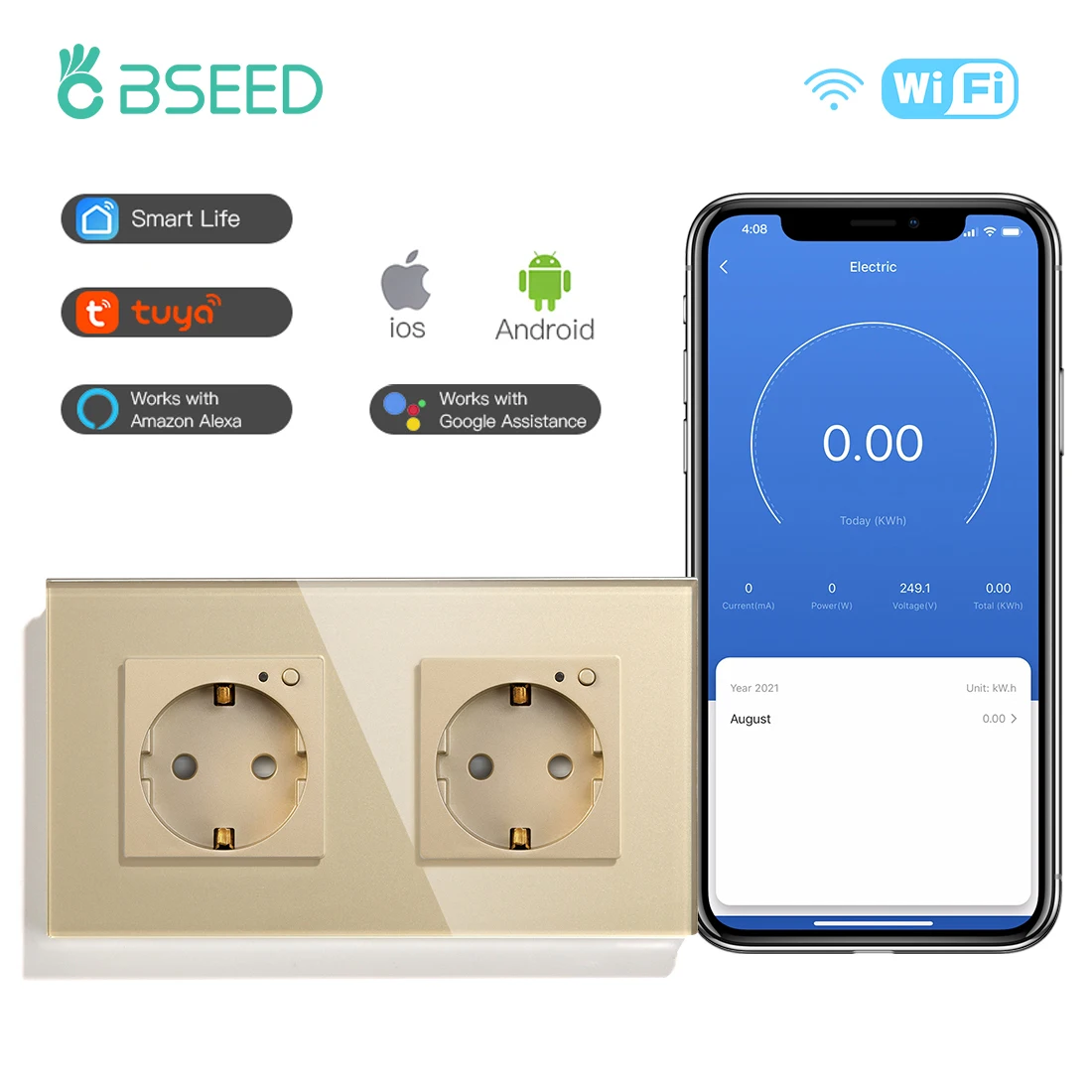 

Умная настенная розетка BSEED со стеклянной панелью и поддержкой Wi-Fi, 240 В