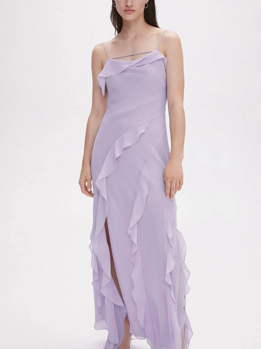 

Scriardv Women V-Neck Sleeveless Ruffles Maxi Dress Solid Color Side Slit Cami Long Dress Elegant Summer Party Dress