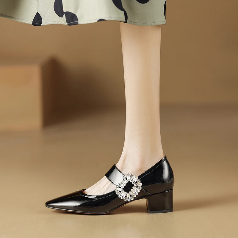 

Женские туфли-лодочки из натуральной кожи, Туфли Мэри Джейн из воловьей и свиной шкуры на толстом каблуке со стразами и пряжкой, длина 22-2023 с...