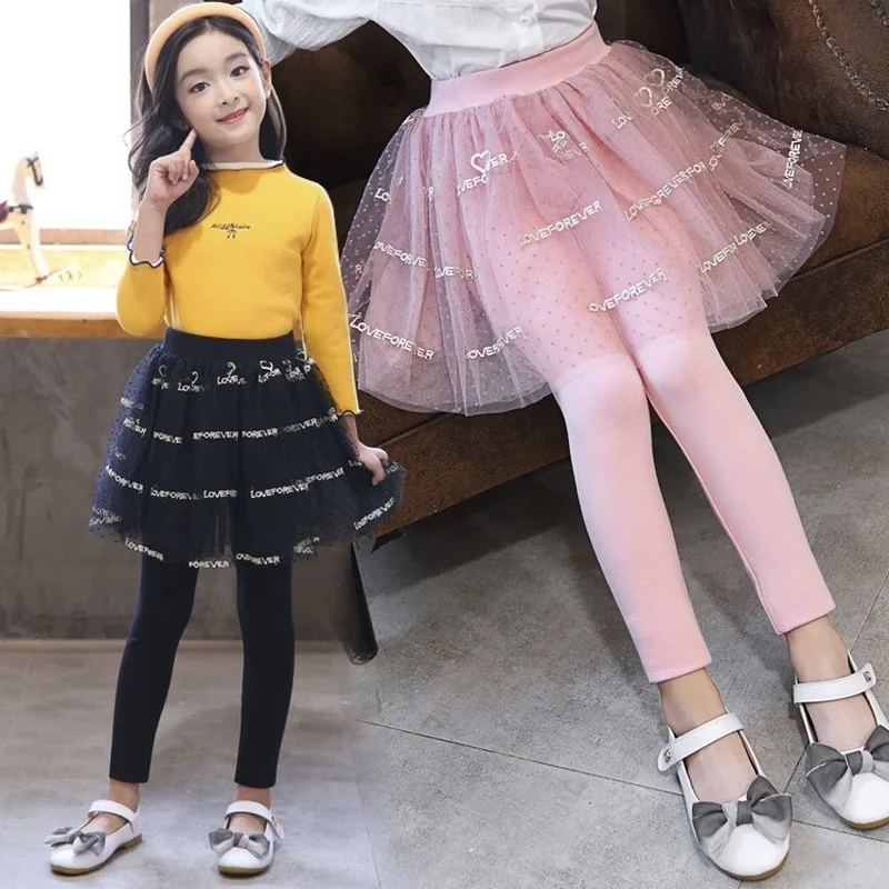 

girls tights 2022 spring new teenager Fake two-piece cotton culottes mesh princess leggings casual all-match children's pants