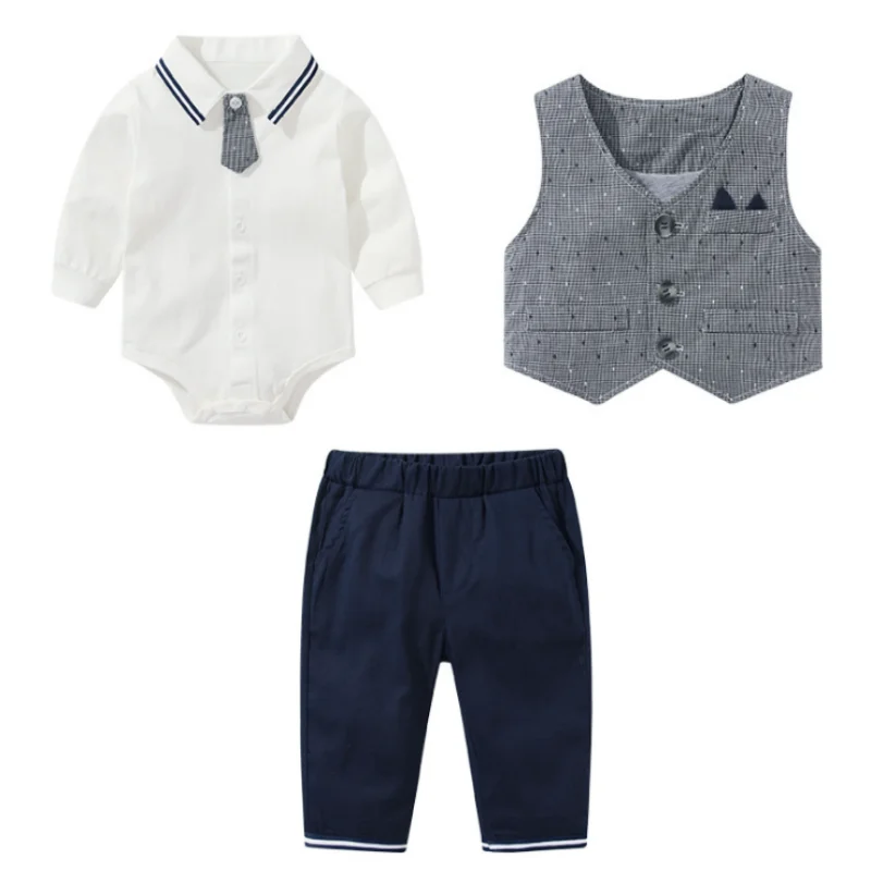 

Spring Boys' Set Cotton Long-sleeved Ha-shirt Three-piece