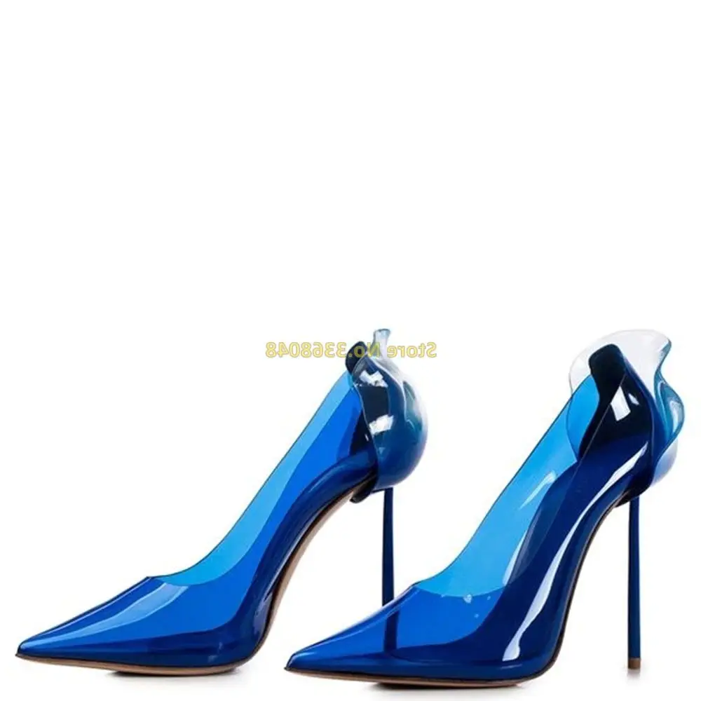 

Newest Clear PVC Pumps 2020 Spring Women Blue Dress Shoes Metal Heel Pointed Toe Shallow Slip On Fashion Women Shoes