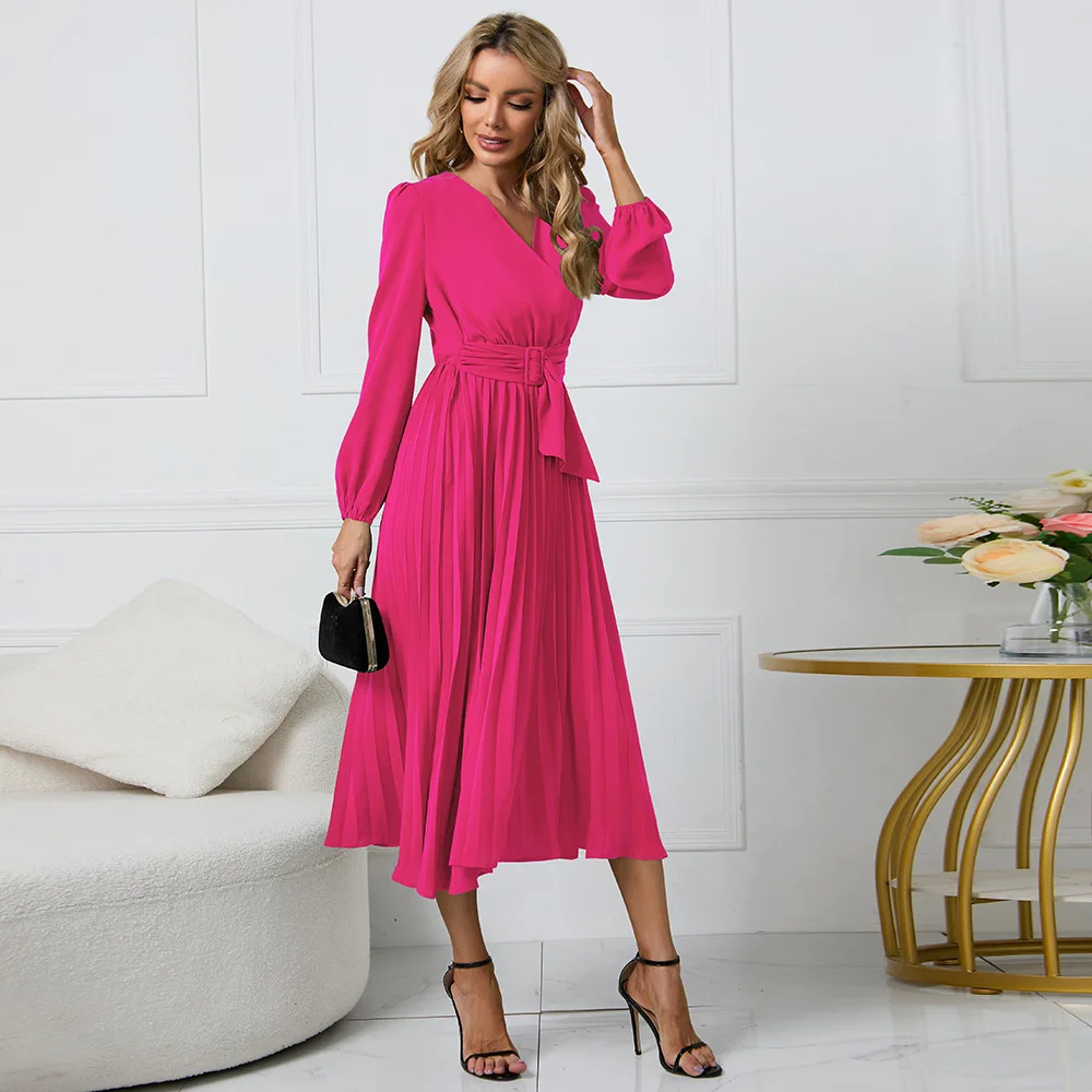 

Cacocala Spring 2023 New Sexy V-Neck Women Long Sleeve Dress Slim Pleated Belt Female Dresses
