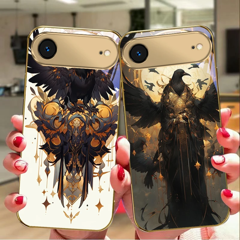 Фото Золотой чехол для телефона с изображением гигантской птицы для iPhone Air 17 Pro Max 16 15 Pro 14 13Plus 12mini 11 17Air XR 16E 17ProMax, стеклянный, золотистый №2
