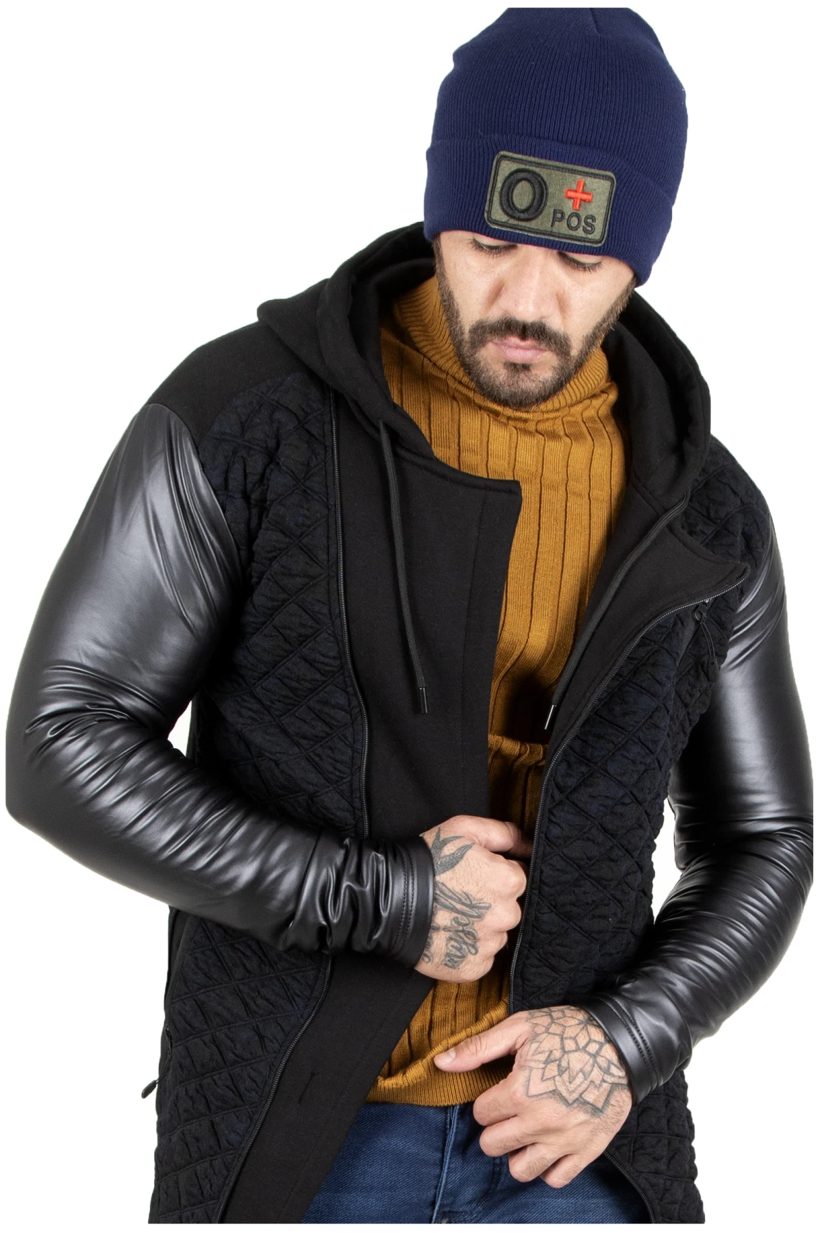 DeepSEA Male Hooded Faux Leather Coats Slim Fit Pattern Cross Zipper Autumn Winter High Quality Casual 2210076