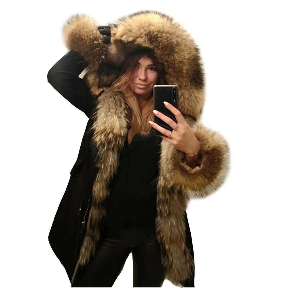 Women Parka Winter Real Fur Coat Natural Raccoon Fur Jacket Long Detachable Hood Fashion Streetwear Thick Warm Fur Outerwear New