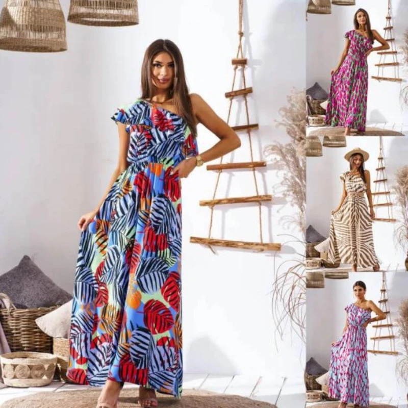 

Women's Summer New Waist and Off-shoulder Printed Long Dress Maxi Dresses Boho Dress Summer Dress Women