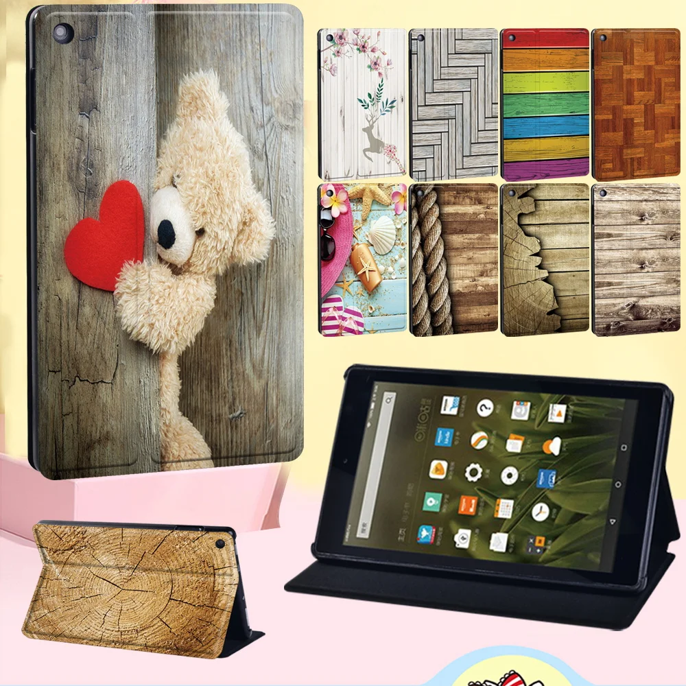 

Anti-Dust Tablet Case for Fire HD 8 Plus 10th 2020/Fire 7/HD 8/HD 10 Wood Print Series Leather Stand Cover Flip Protective Shell