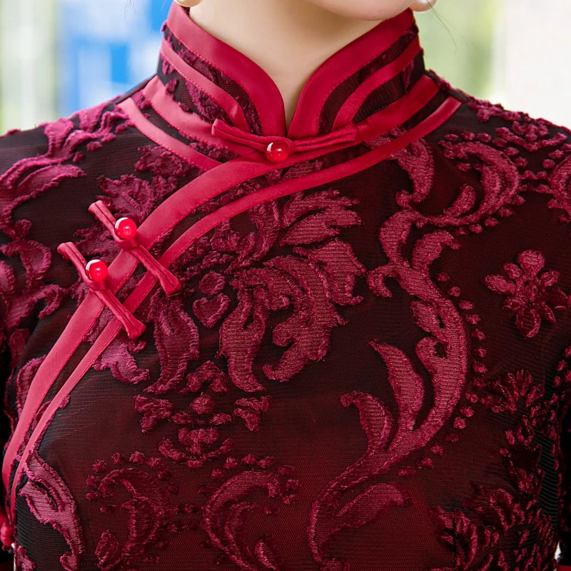 Женское длинное платье-Ципао из традиционного китайского бархата с вырезами