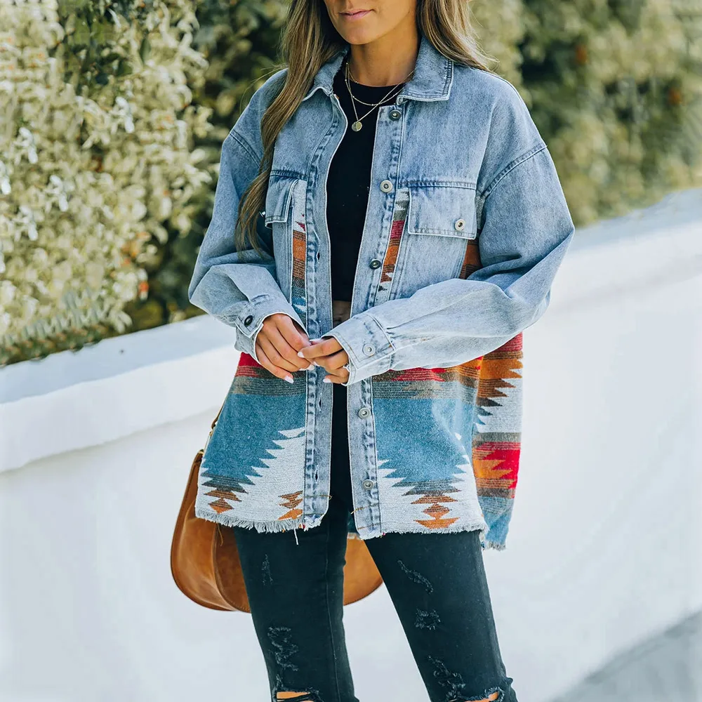 

Autumn Winter Ins Style New AZTEC Pattern Indian Tribal Style Denim Casual Panel Wool Coat Women Chic Vintage Jacket