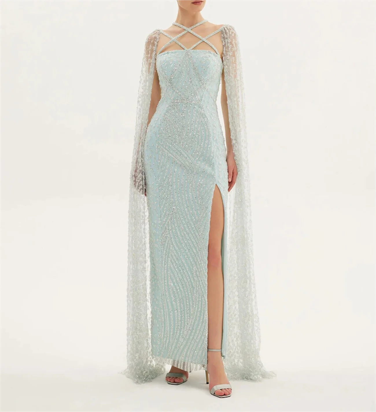 

Classic Champagne/Blue Wedding Dress Square Collar Cape Sleeves Split Tulle Lace Sequins Elegant Open Luxury Ribbon Prom