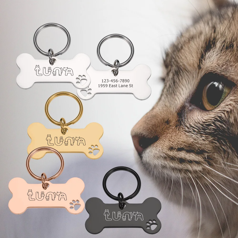 

Personalized Pet Cat ID Tags Shiny Mirror Bone Tags Free Engraving Name Kitten Puppy Anti-lost Collar Tag for Dog Nameplate Pets