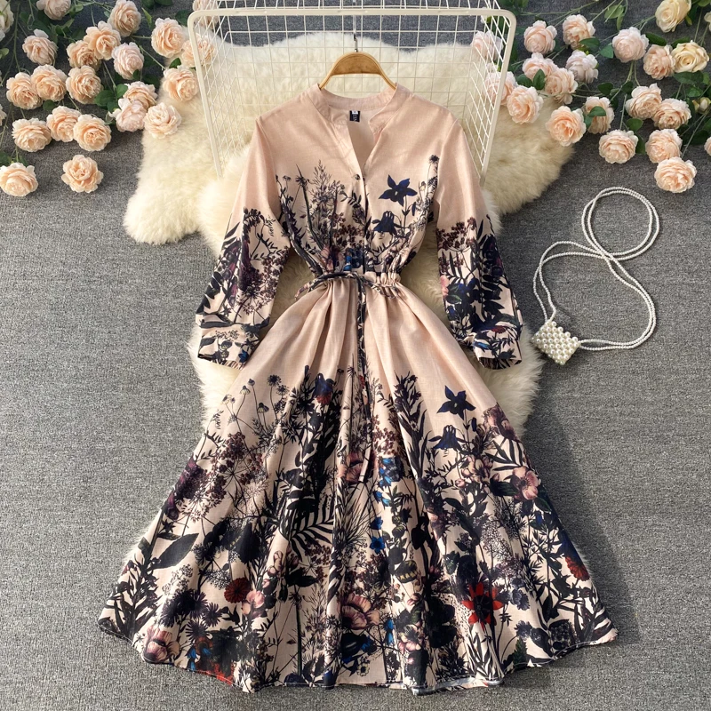 

D350 Women New Fashion 2022 Spring Autumn V Neck Long-sleeved A-line Dress Retro Loose Print Elegant Clothes Korean Vestidos