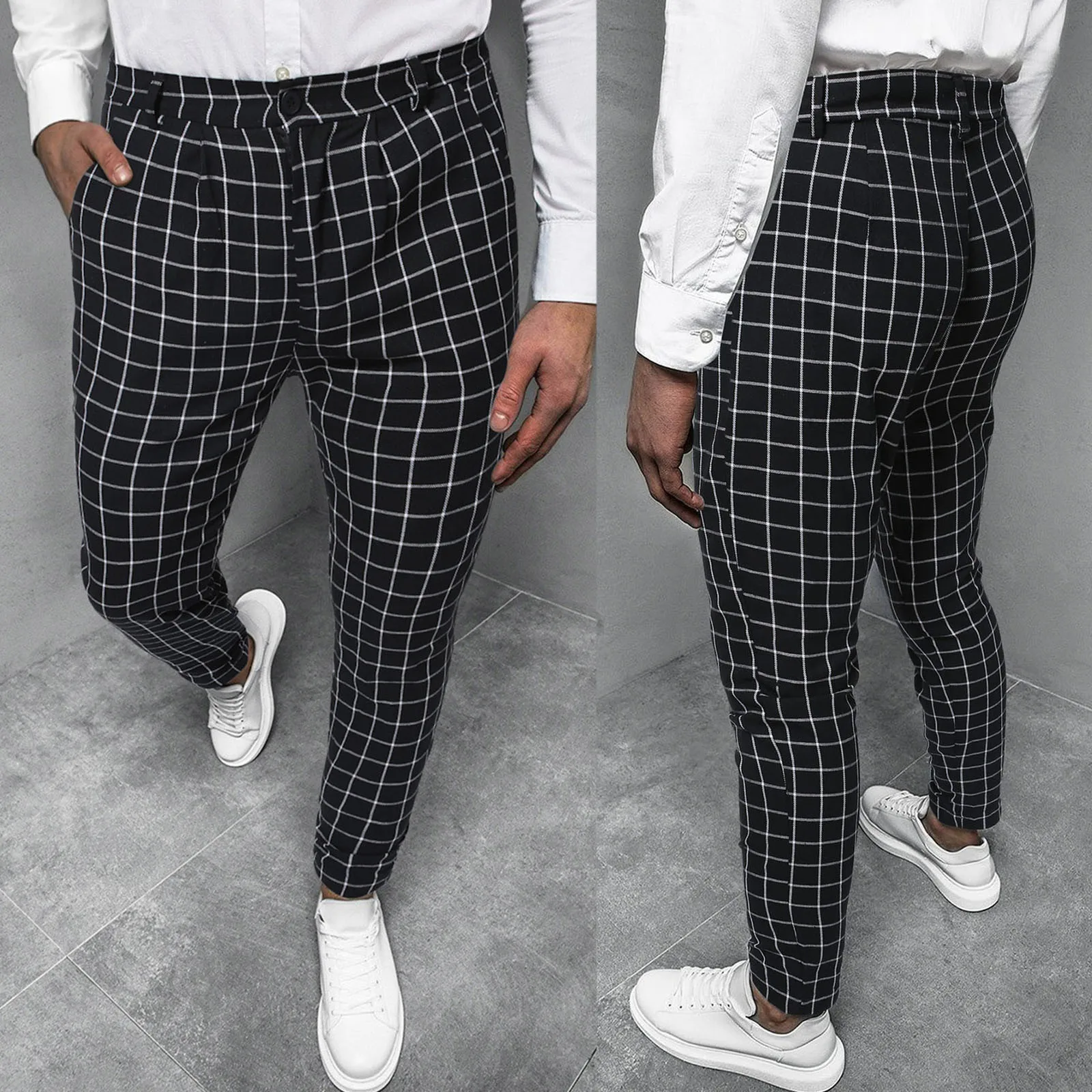 

Men's Casual Plaid Skinny Pencil Pants Zipper Elastic Waist Pants Trousers Men Stretch Pants