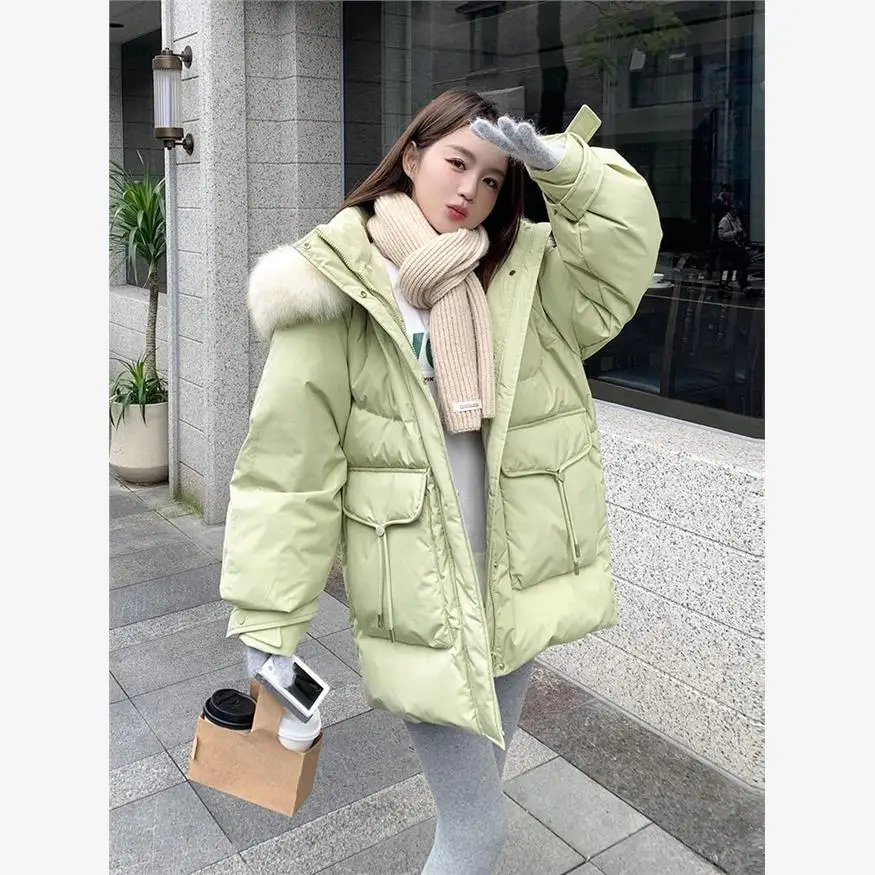 Белый утиный пуховик с капюшоном зима 2023 новый женский корейский средней длины
