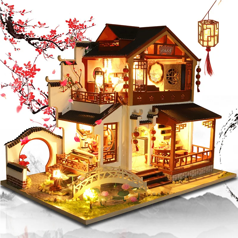

Chinese Retro Hollow Design Wooden DIY Doll House Antique Building Furniture Miniature Dollhouse For Adult Kids Gift Surprise