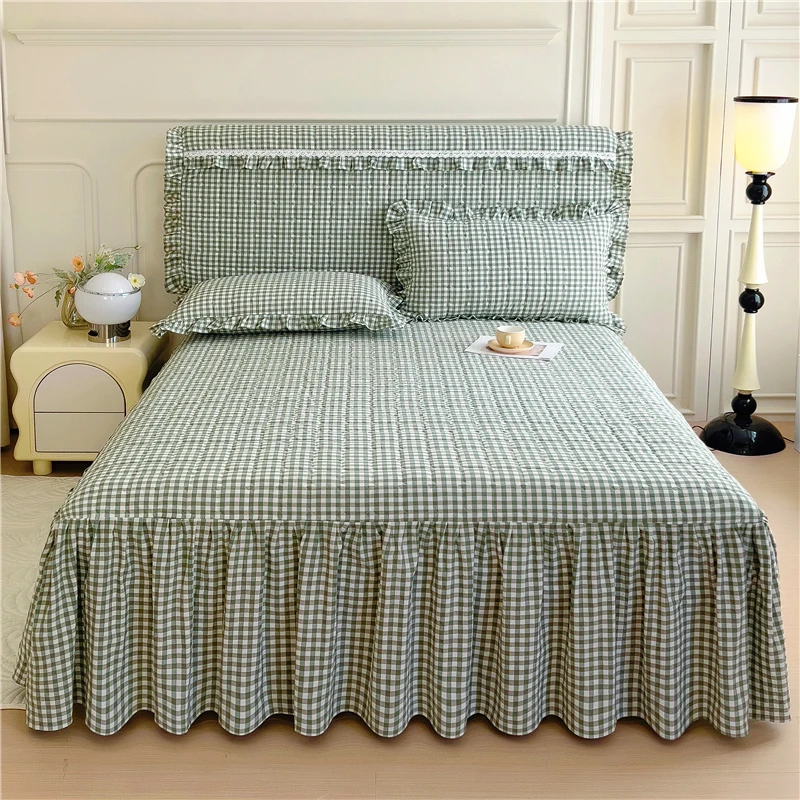 Bed Skirt One-Piece Cotton Pure Yarn-dyed Washed Apron Bedspread Sheet Four Seasons Universal with Skir...