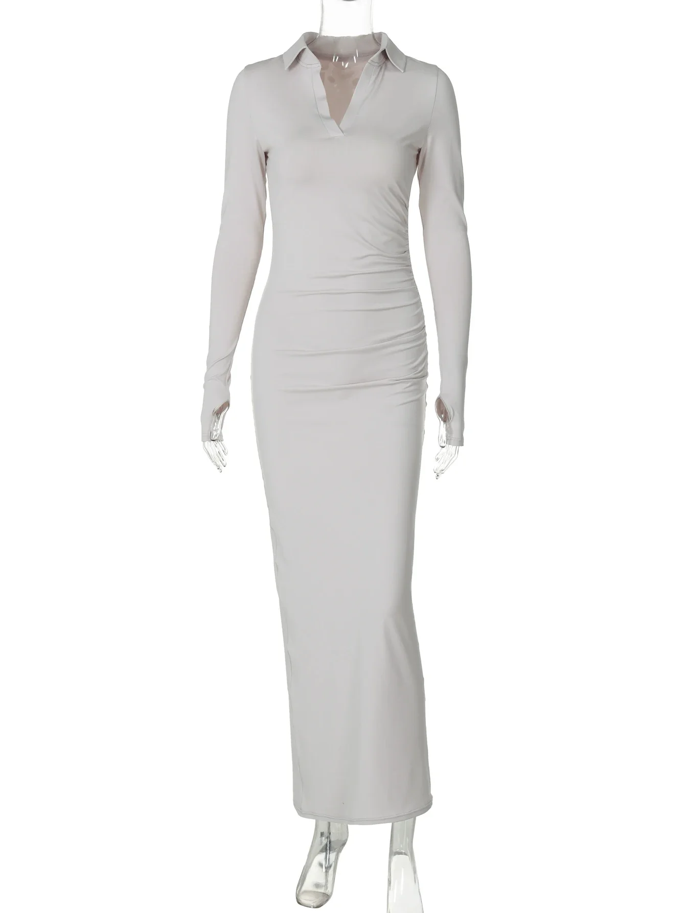 Элегантное облегающее платье макси с длинными рукавами и рюшами сексуальное