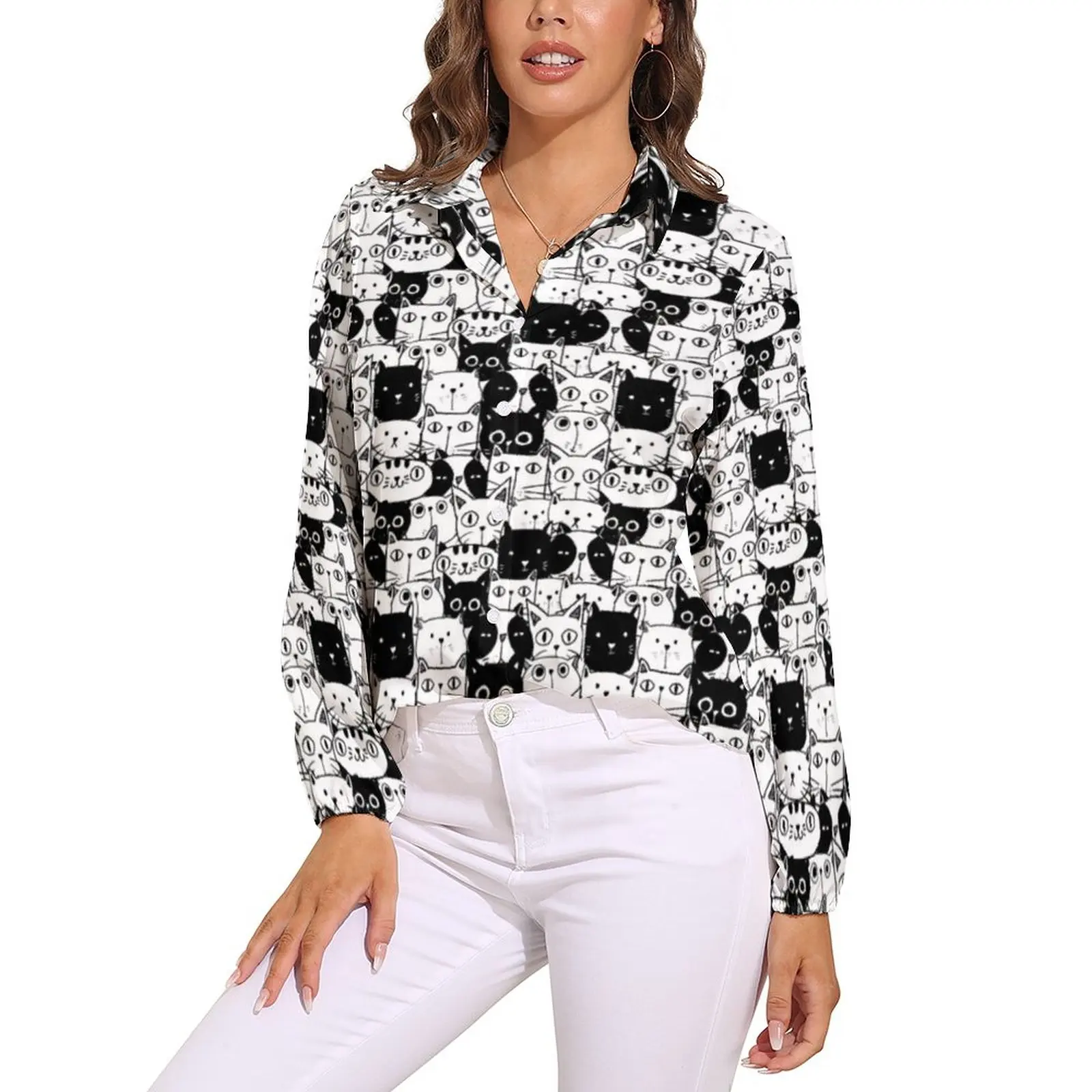 

White And Black Cat Blouse Cute Animal Meme Retro Graphic Blouses Women Korean Fashion Shirt Autumn Long-Sleeve Oversize Clothes