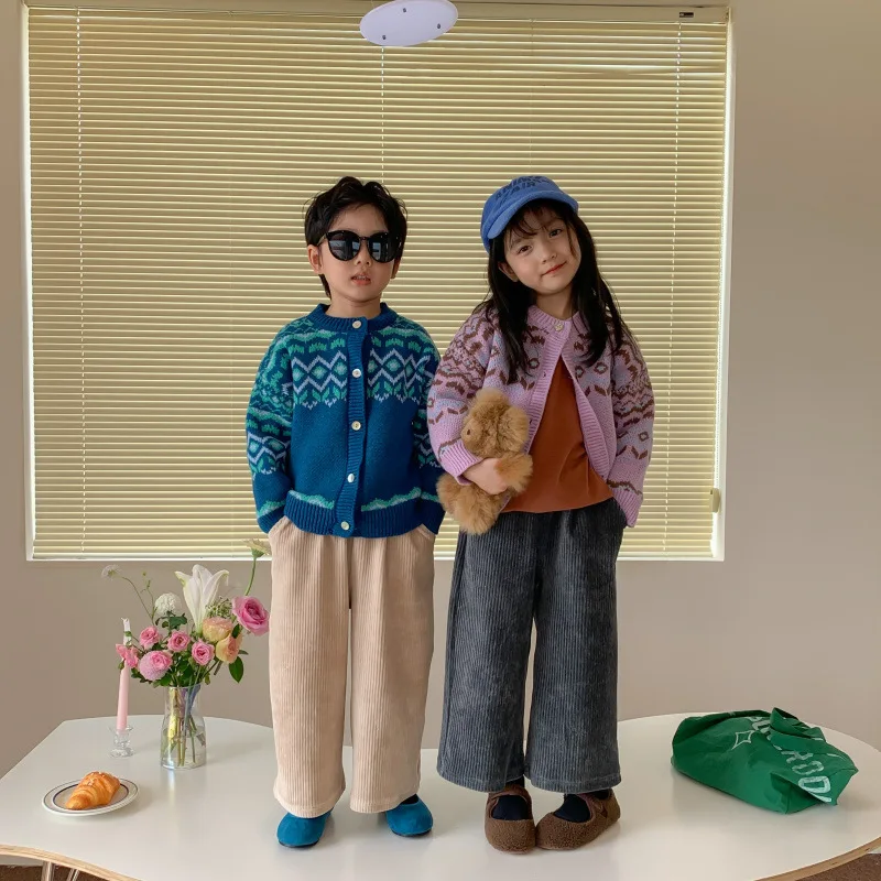 Autumn Kids corduroy all-match wide leg trousers Boys and Girls solid color loose straight-leg pants