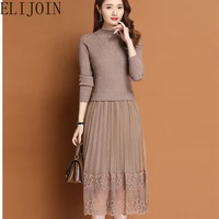 elijoin knitted elegant dress womens autumn 2020 long temperament lace with coat bottoming sweater ol skirt