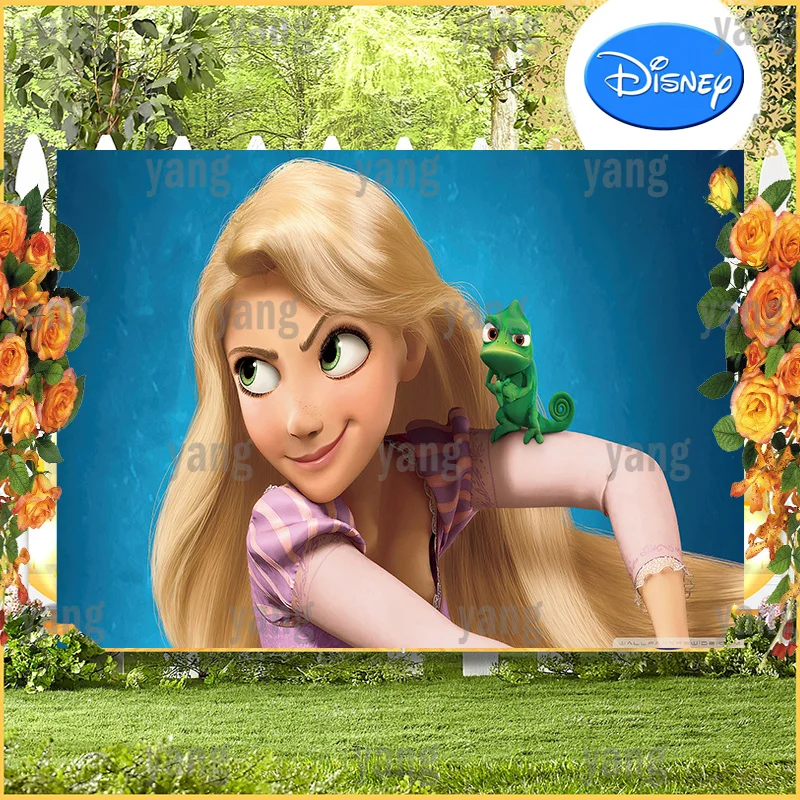 Cartoon Disney Tangled Rapunzel Backdrop Kids Birthday Background Purple Clothes Long Hair Princess Lovely Frog Decor Props