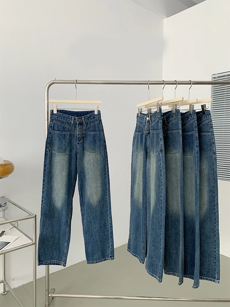 

Женские джинсовые брюки в стиле ретро, прямые широкие брюки из денима с высокой талией и градиентом, повседневные Простые брюки из денима, Осень-зима 2022