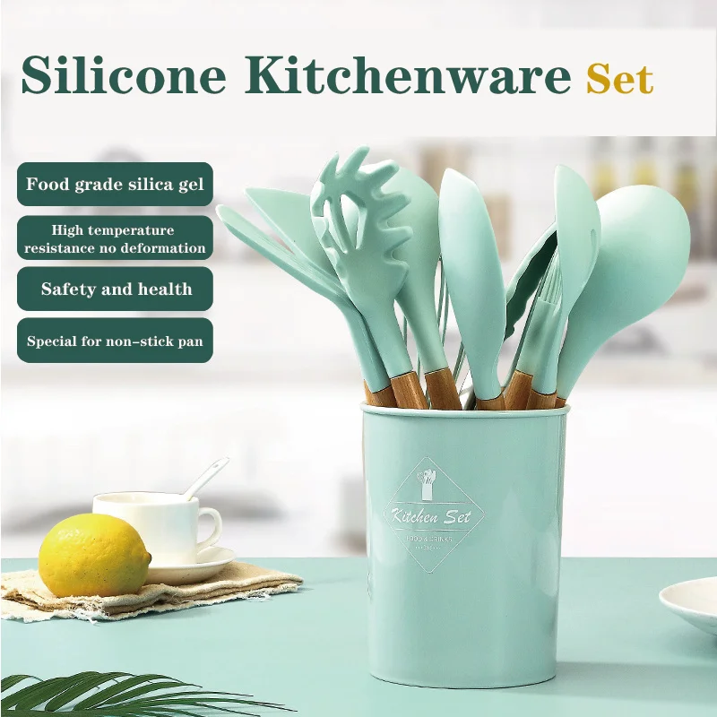 

Wooden Handle Silicone Kitchen Utensils Set Kitchen Cooking Tool Heat Resistance Non-Stick Cookware For Spoon Spatula