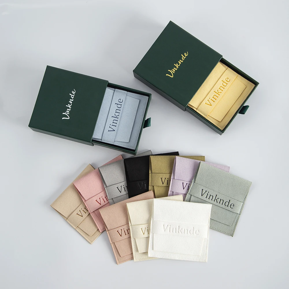 Custom Logo Printed Microfiber Suede Pouch Jewellery Box Sliding Drawer Paper Cardboard Boxes Case Earrings Rings Packaging Bag