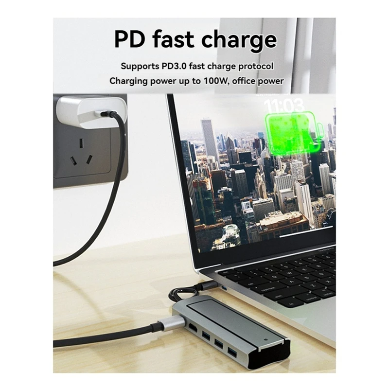 Док-станция 6-в-1 PD USB3.0X3 и совместимое с SSD-слотом быстрое зарядное устройство для