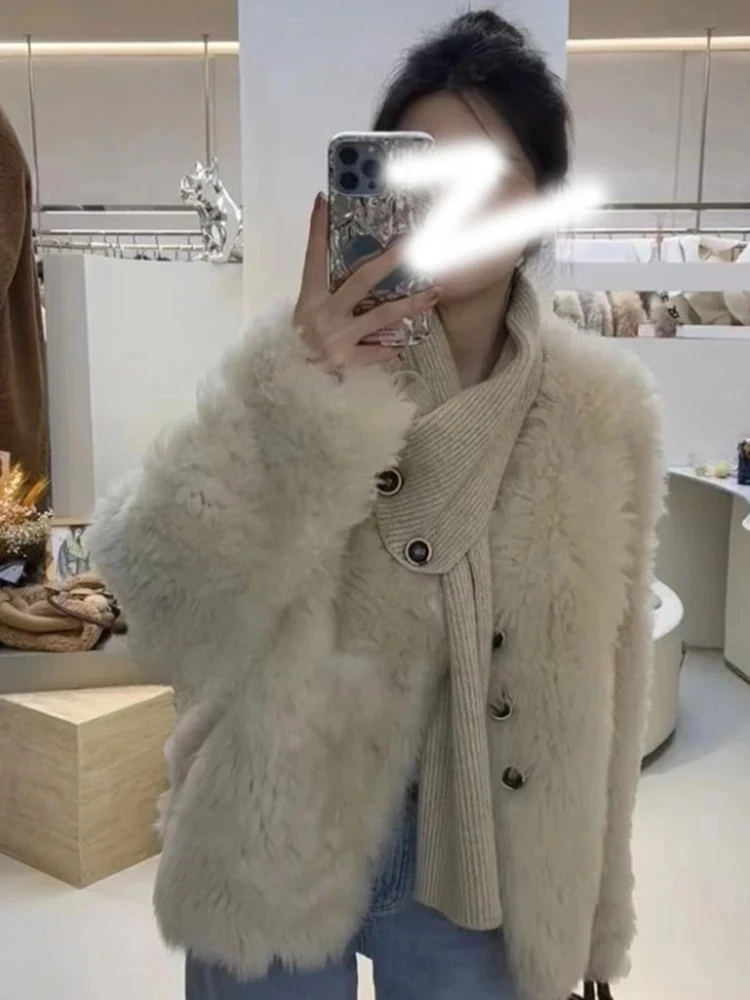 White Scarf Diagonal Buckle Lamb Wool Outerwear Women Autumn and Winter Short Design Thickened Warm Fur Integrated Top |