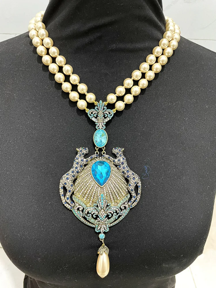 Double Pearl Blue Crystal Rhinestone Leopard Large Pendant Necklace Fabulous fleur de lis Beaded designer jewelry