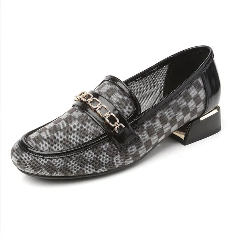 

British Style Chunky Loafers Women Mesh Breathable Shoes Round Toe Metal Chain Slip on Ladies Flats Handmade Big Size 35~43