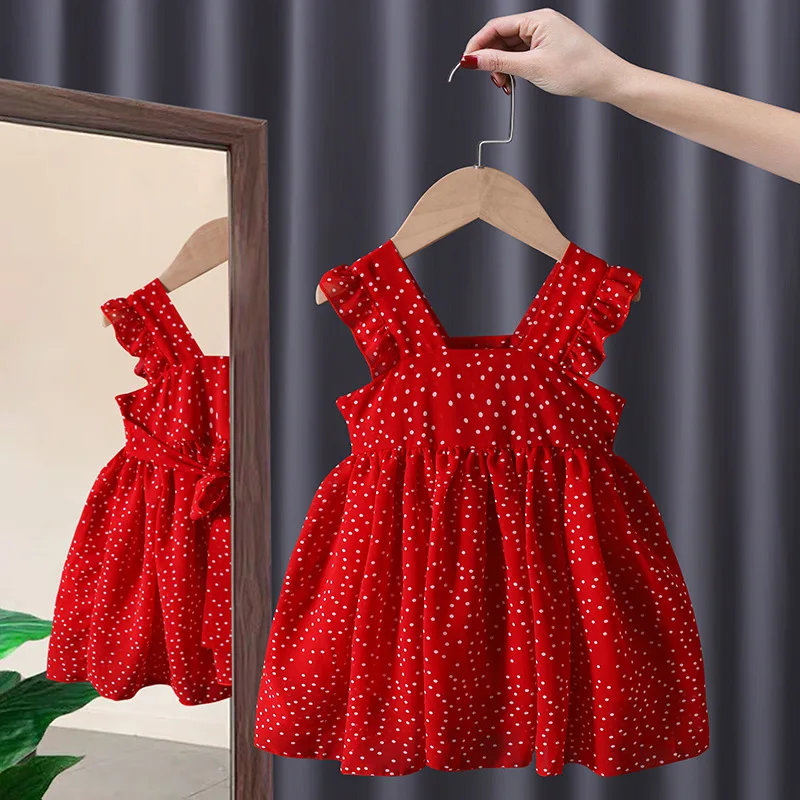 

Girls' 2023 dress Summer children's chiffon polka dot princess skirt Girl's foreign style summer dress Net red skirt