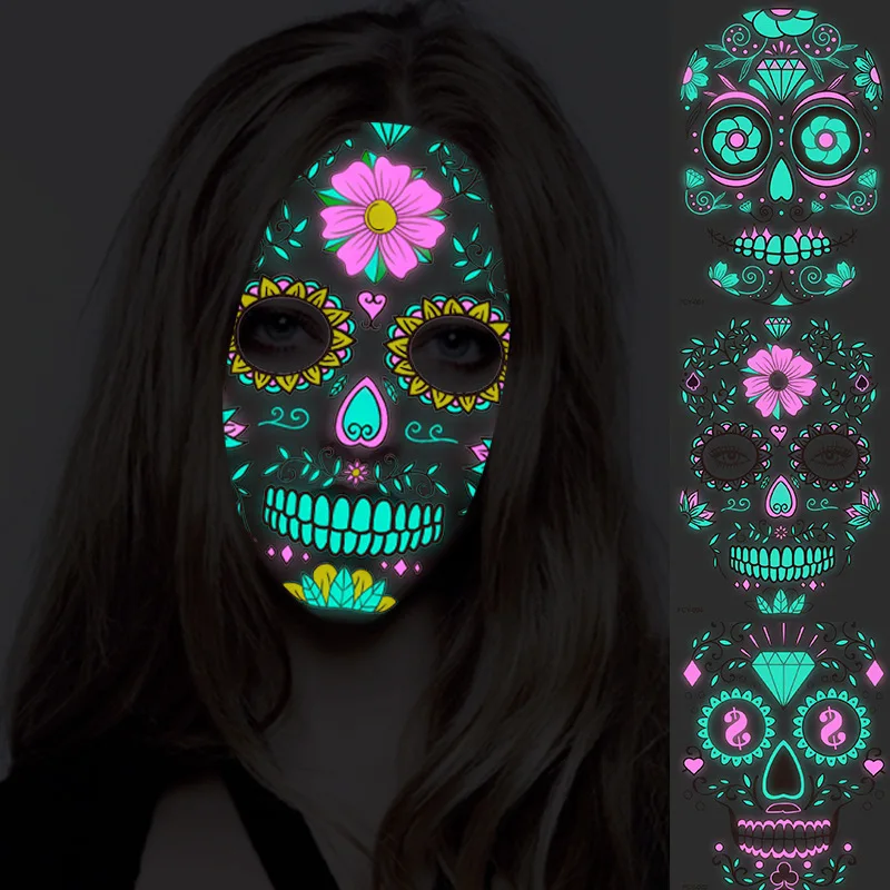 

Halloween Temporary Face Tattoos Luminous Glow in the Dark Skull Face Stickers Neon Mask Tattoo for Halloween Masquerade Party