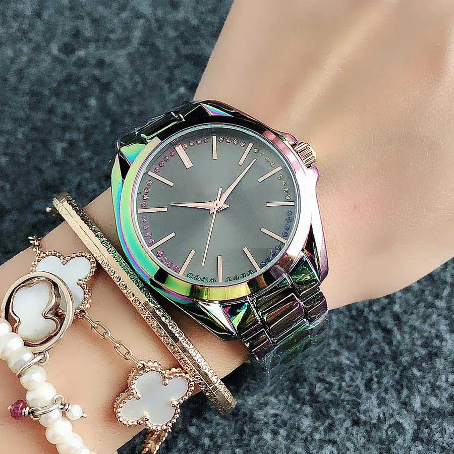 Brand Wrist Watches Women Girl Ladies Colorful Crystal Style Quartz Casual Steel Metal Band Clock m100