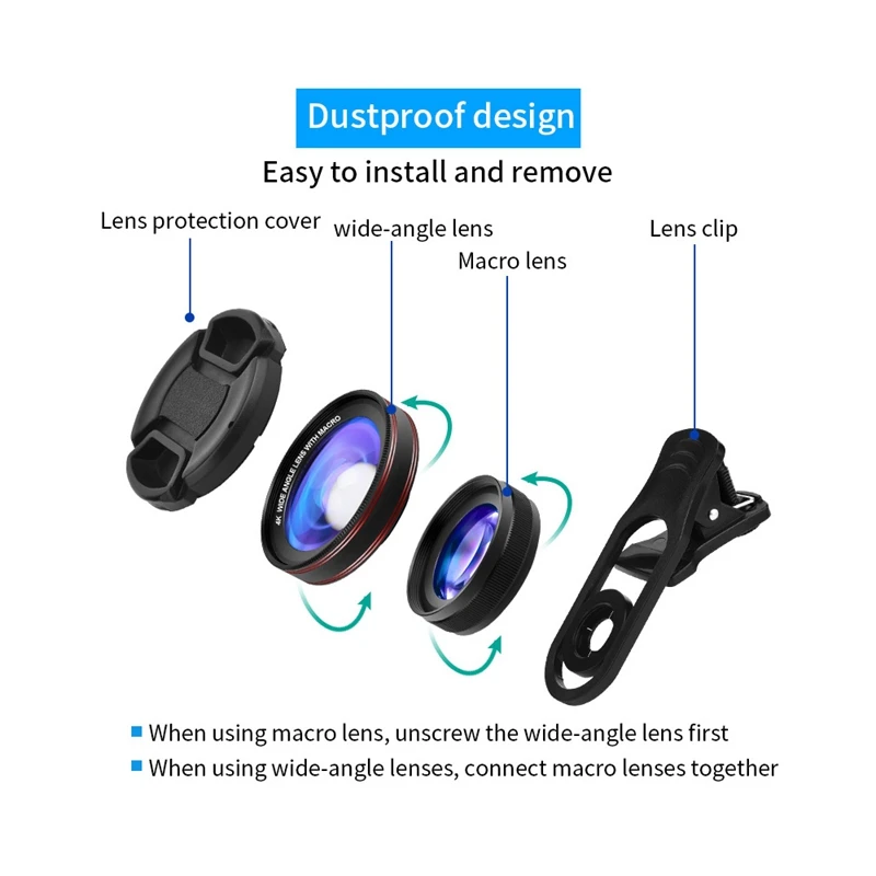 

4K Wide Angle Lens With Macro 15X Macro Lens Phone Camera Lens Macro LED Ring Light Ring Flash For Smartphone