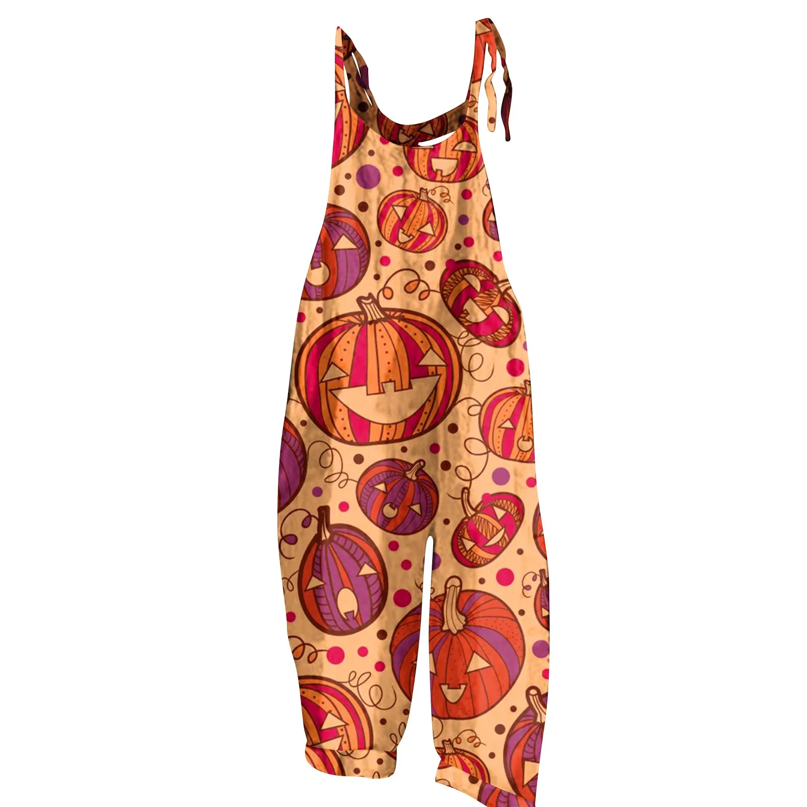

Women Halloween Overalls Jumpsuit Festival Theme Multicolor Pumpkin Bat Printed Pattern Square Collar Sleeveless Jumpsuit