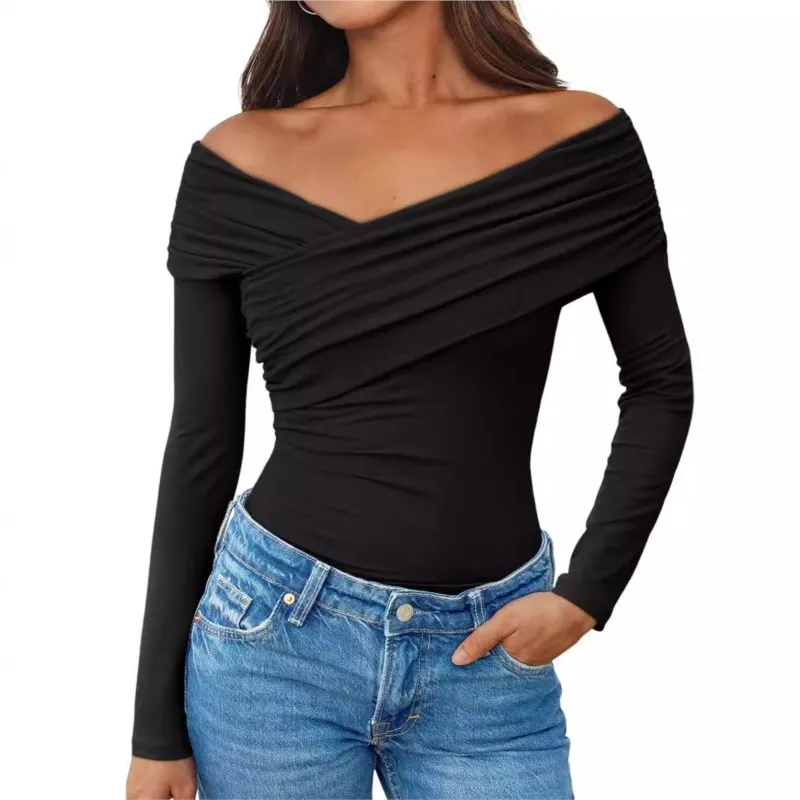 Polyester V-Fold One Shoulder Long Sleeve Tight Sexy Special Versatile T-shirt Women's Vetement Femme Tendance Camisetas Mujer