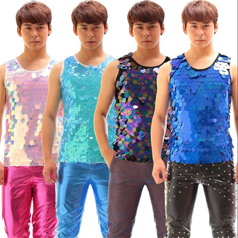 Multicolored summer style personality slim male sequins vest men punk rock costumes singer dance stage fashion street star style