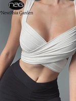newasia summer corset top ruched tie up v neck backless slim fit cross reversible wear crop top fashion sexy party club tank top